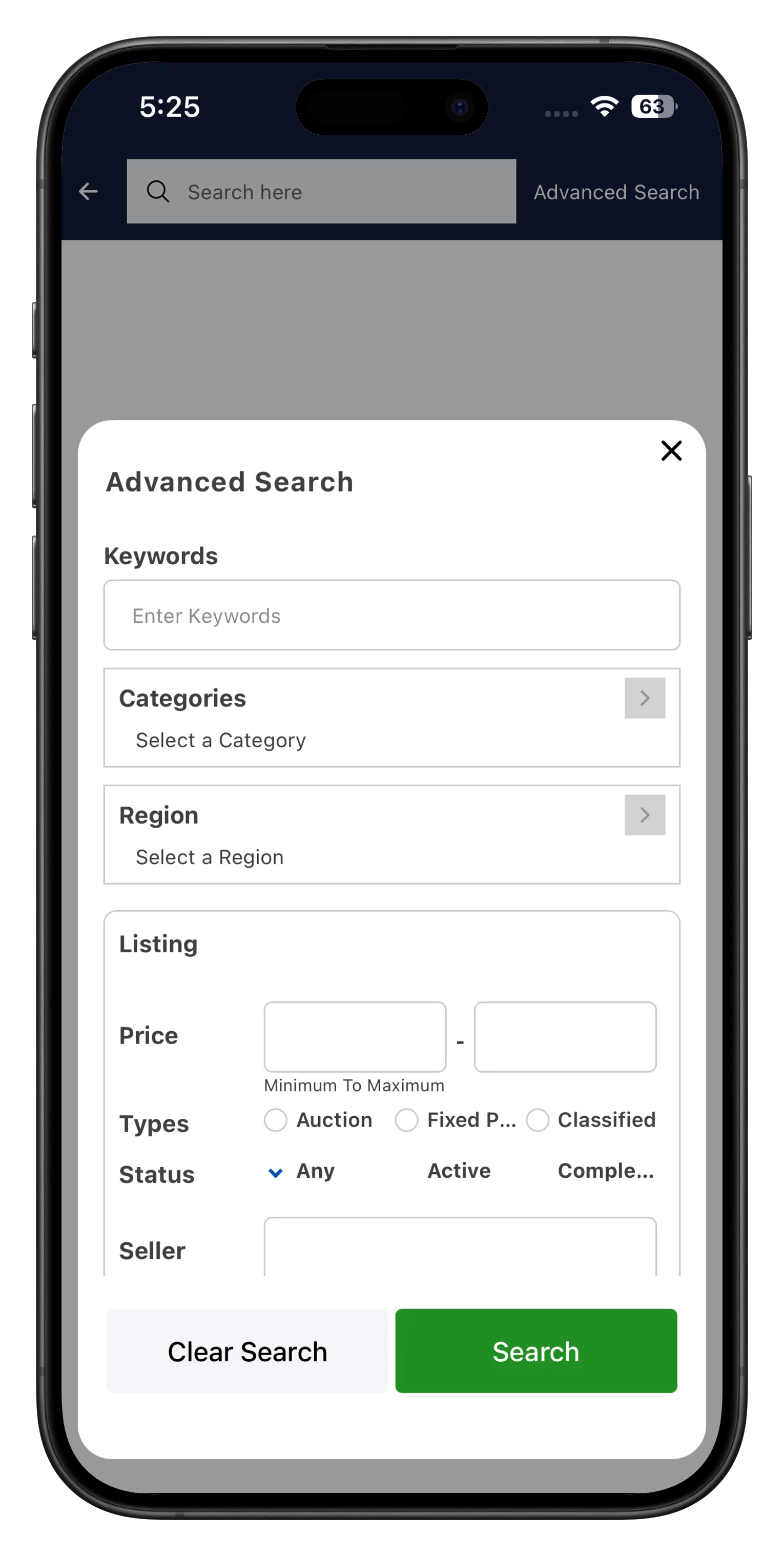 Advanced search screen, Pro plan