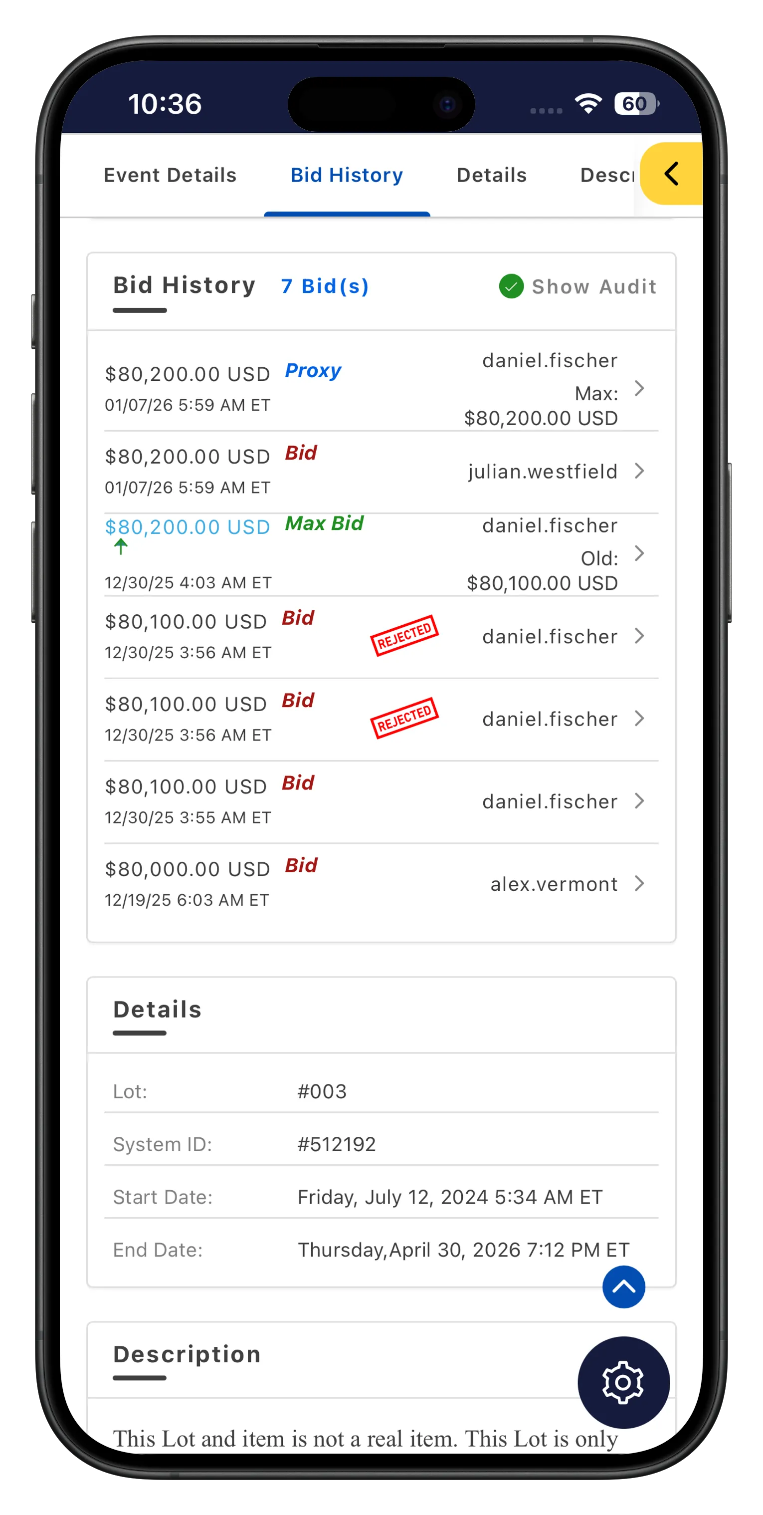 Audit bid history, admin only