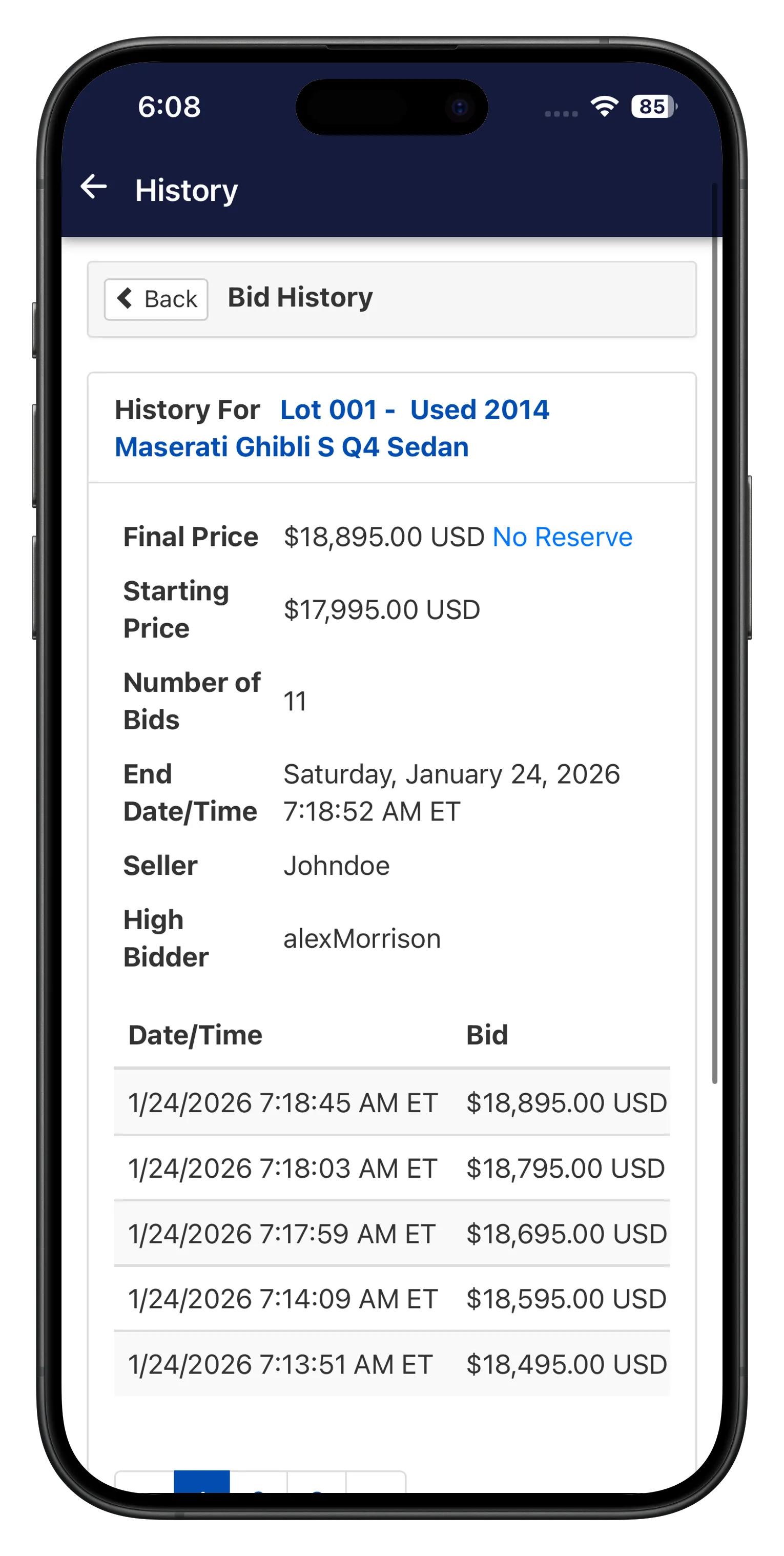 Bid history screen