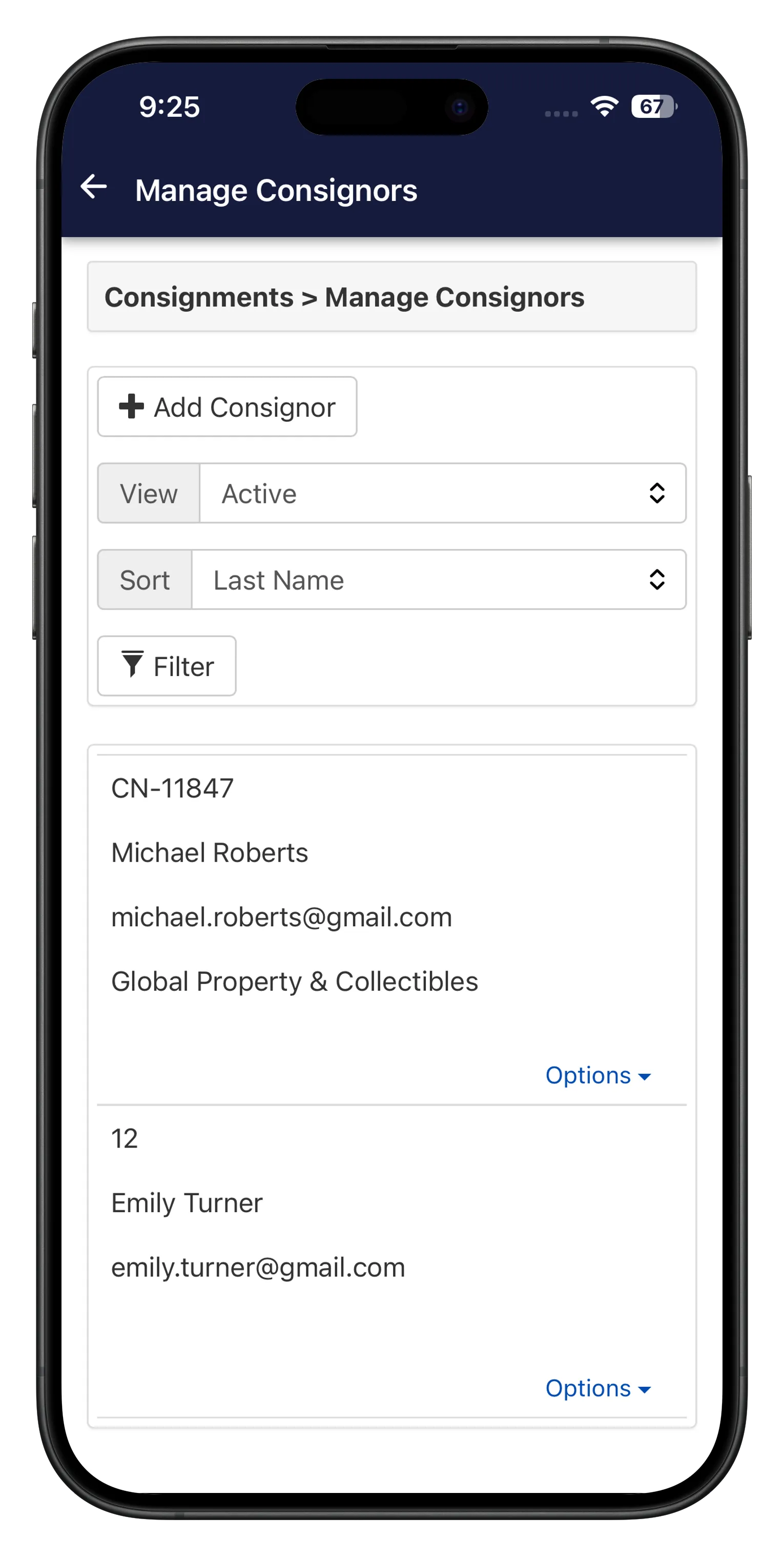 Manage consignors screen, seller tools