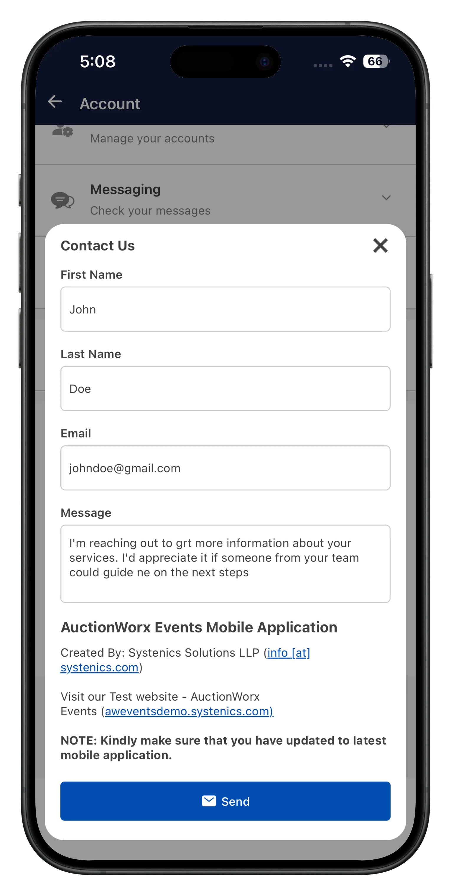 Contact us screen