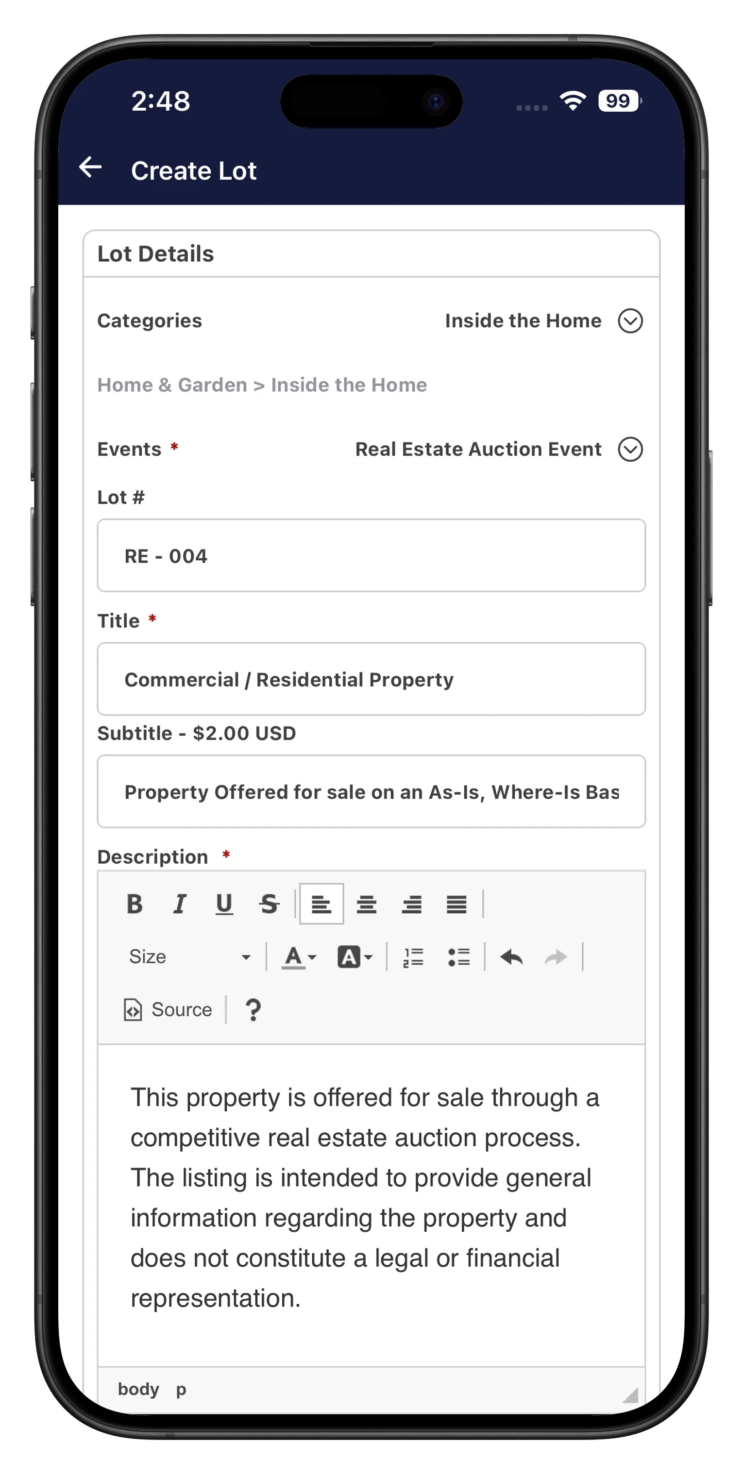 Create or edit a lot, seller tools