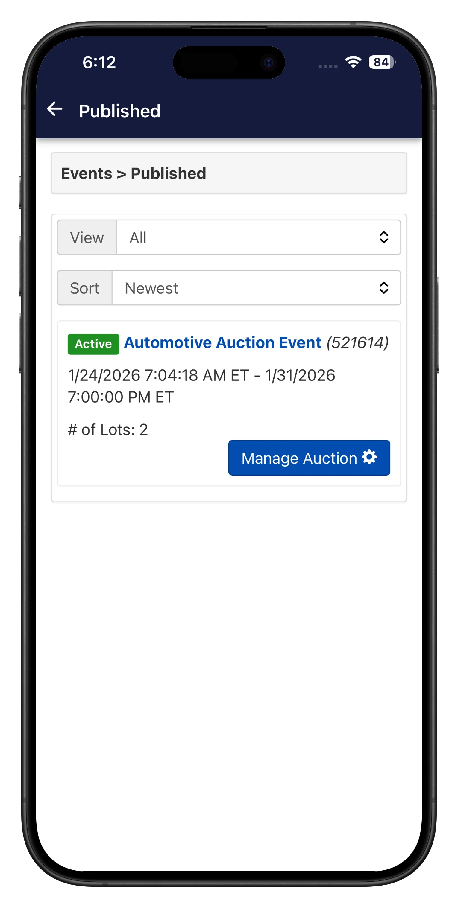 Published events screen, seller tools