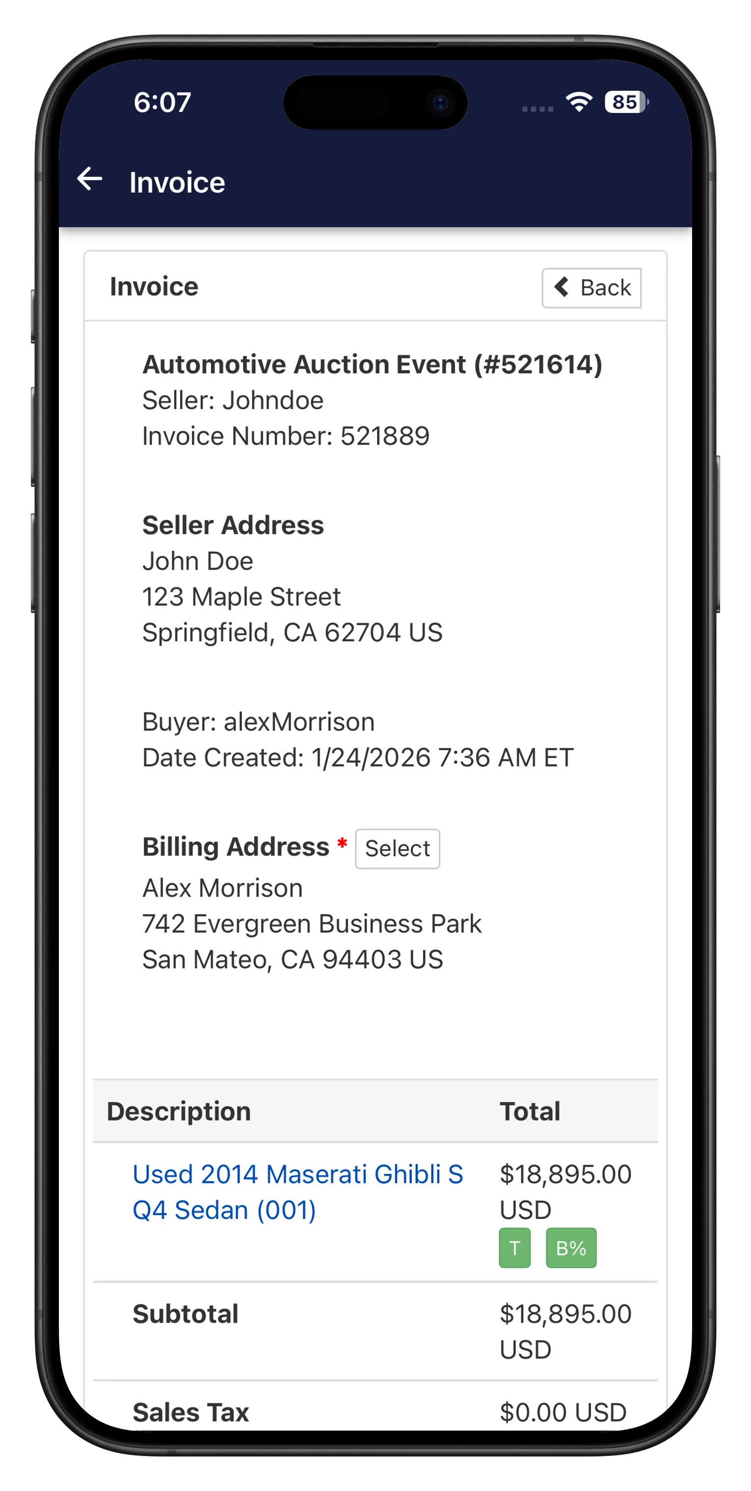 Invoice detail screen