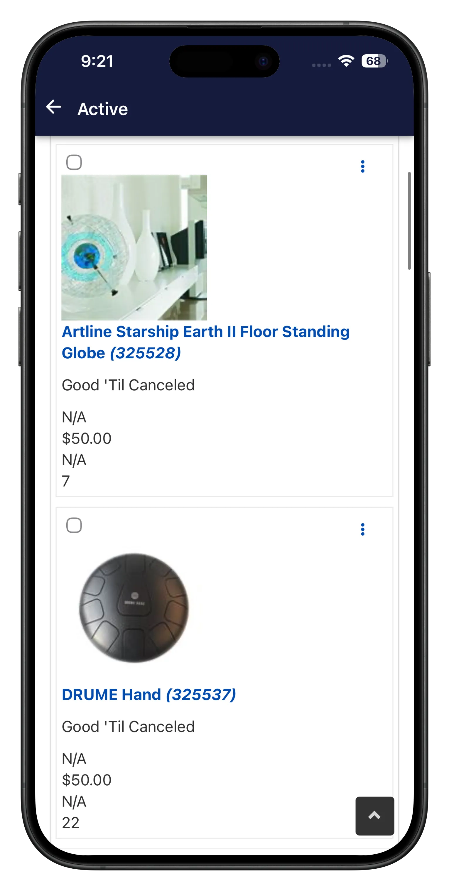 Active listings screen, seller tools