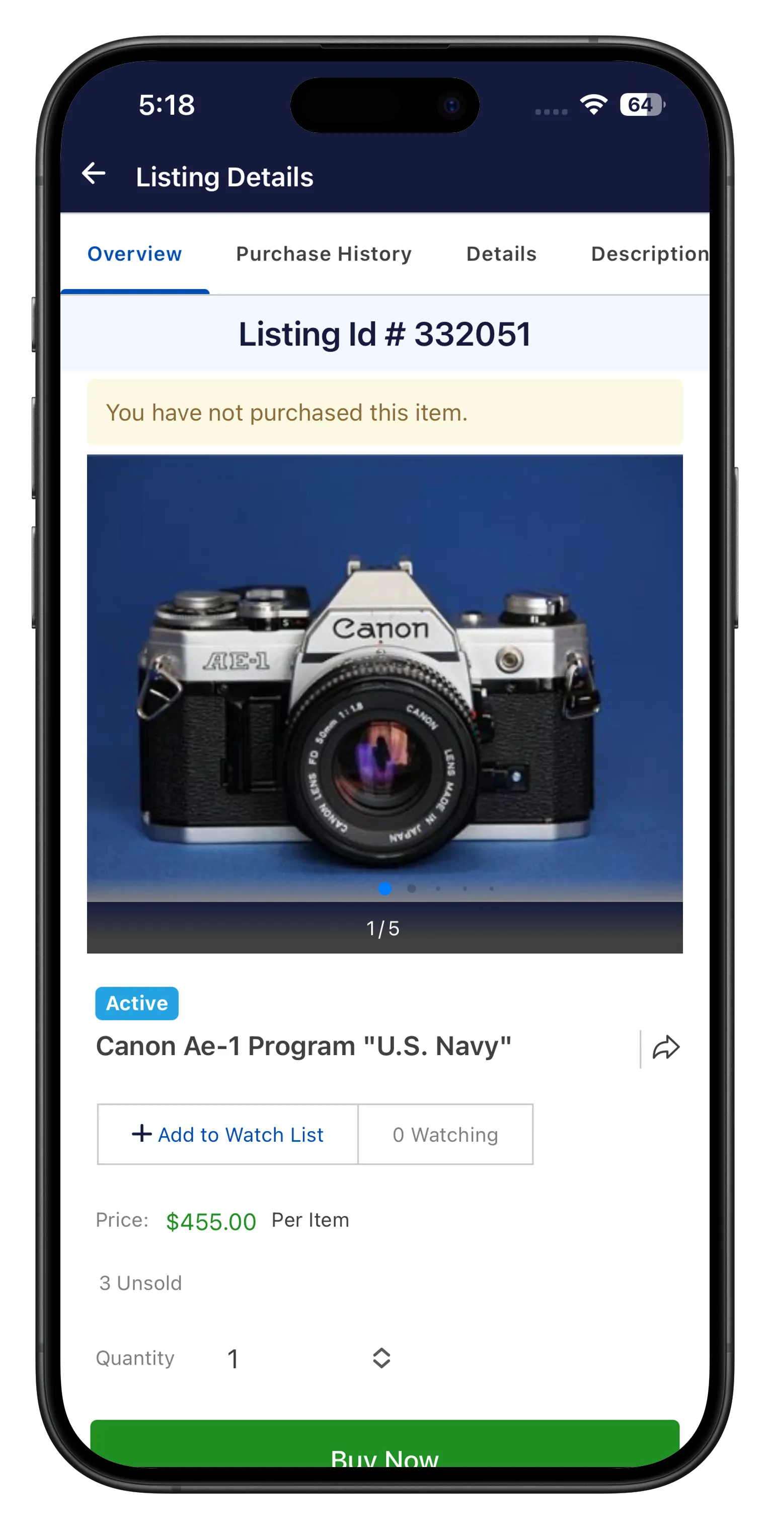 Listing detail screen with live bidding