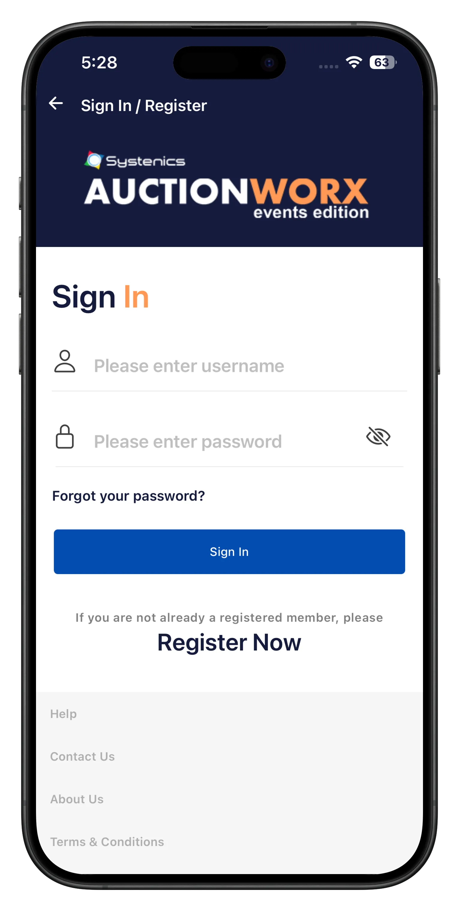 Login screen