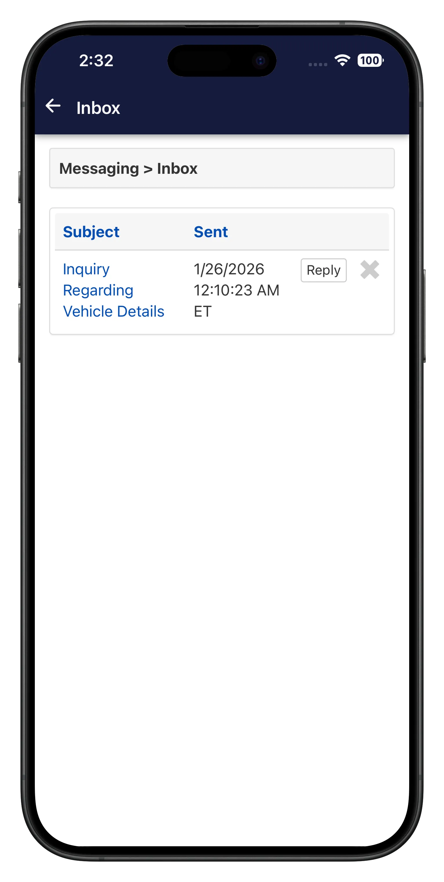 Messaging inbox screen