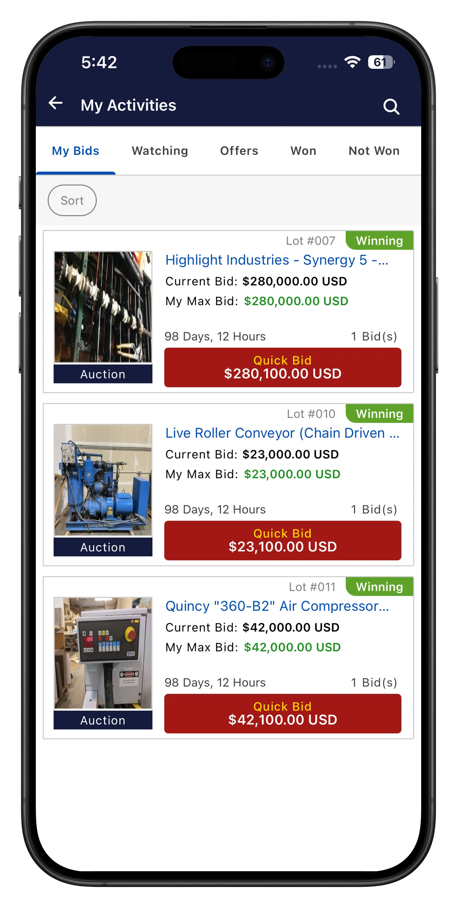 My active bids screen