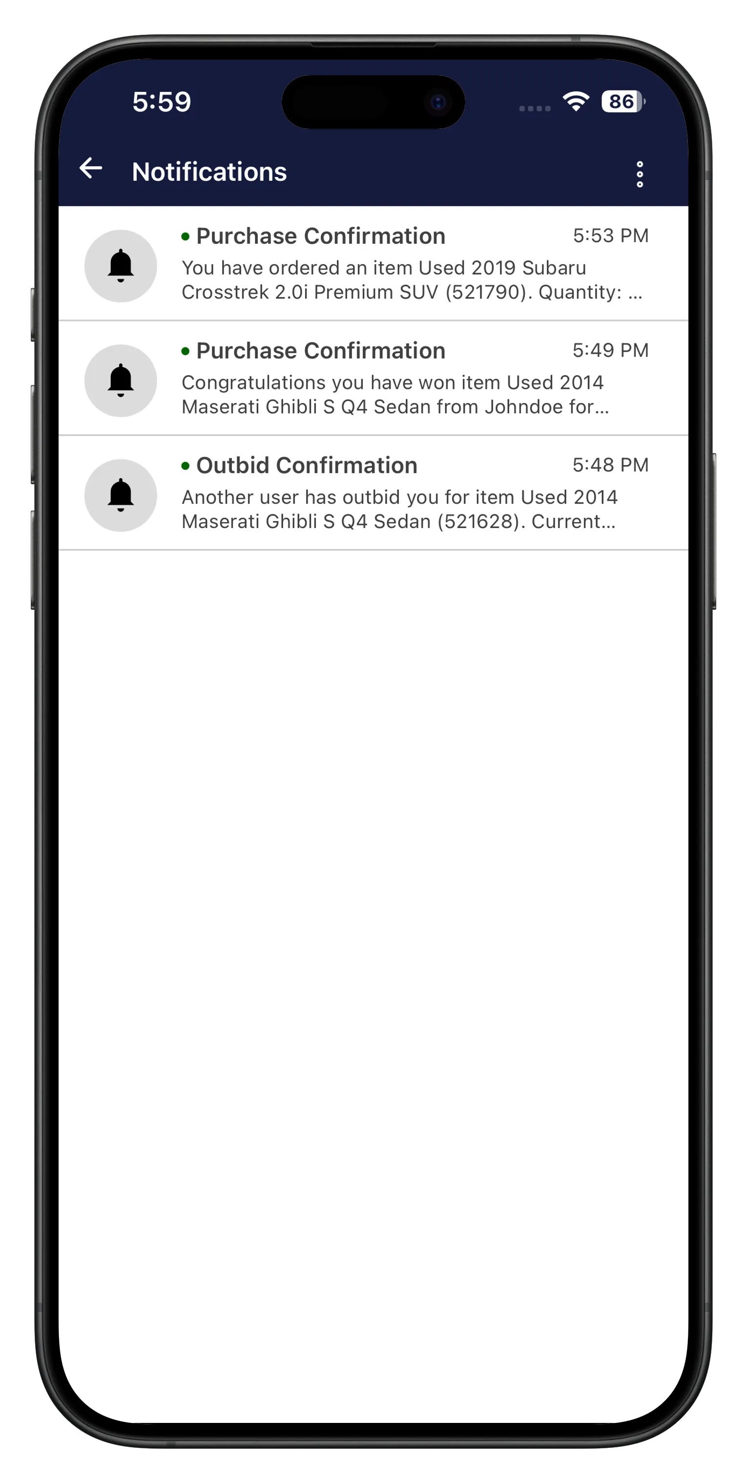 Notification history screen, Pro plan