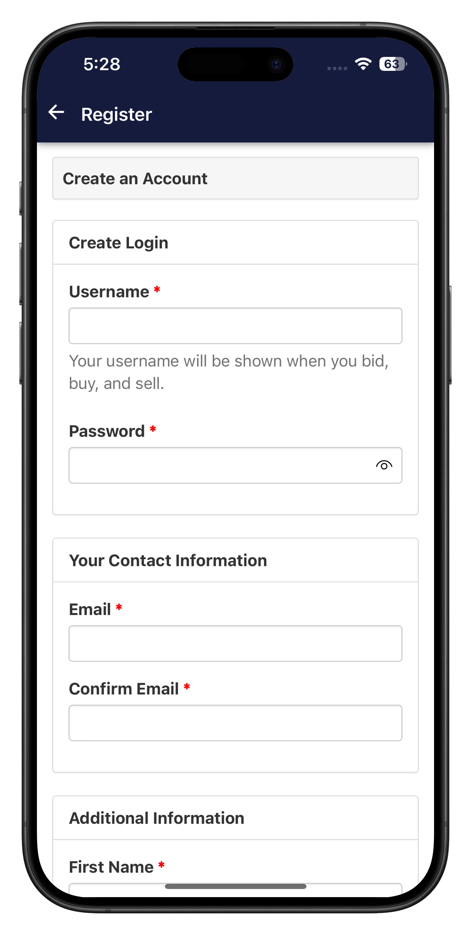 Registration screen