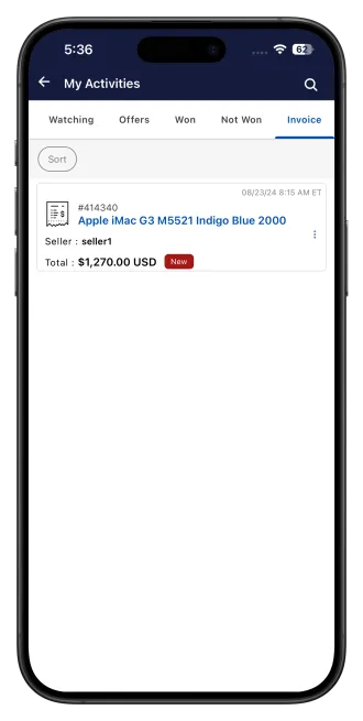 Account invoices and billing screen in the AuctionWorx app