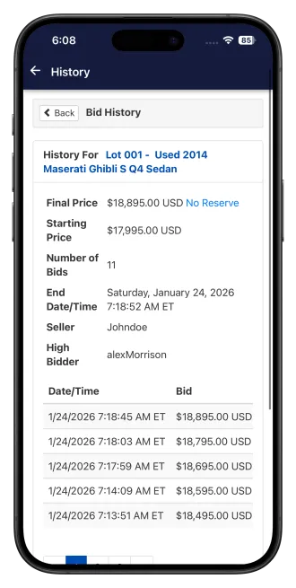 Bid history screen in the AuctionWorx mobile app