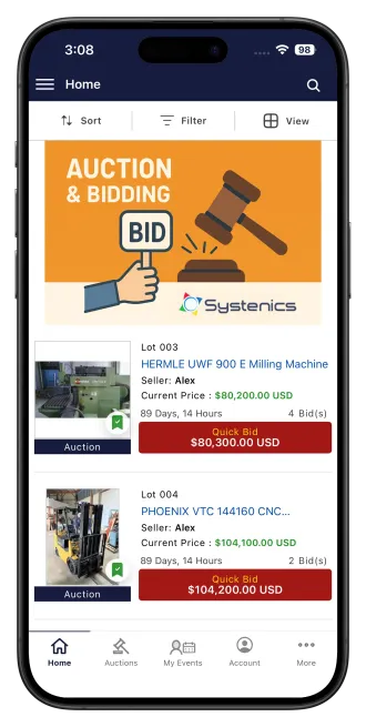 AuctionWorx branded auction app browsing screen