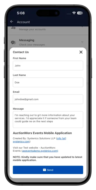 Contact us and customer support screen in the AuctionWorx mobile app