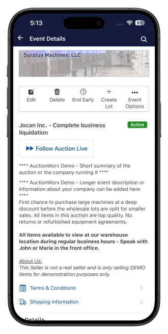 AuctionWorx Events edition event details screen
