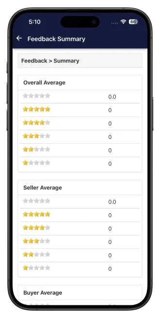 Buyer feedback and ratings screen in the AuctionWorx app