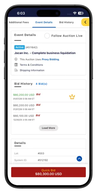 Real-time live auction bidding screen in AuctionWorx mobile app