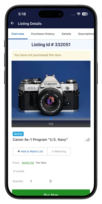 White label AuctionWorx mobile app branded listing screen
