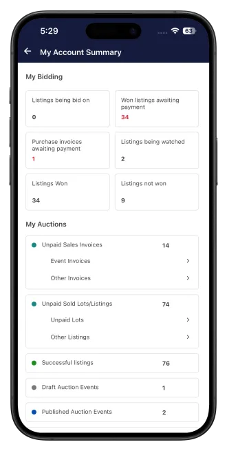 White label account summary screen in the mobile app