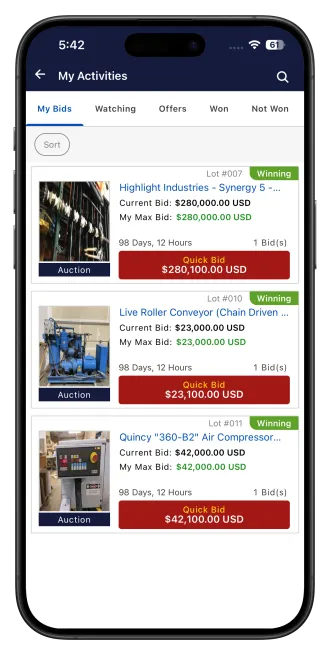 My active bids and auction activity screen