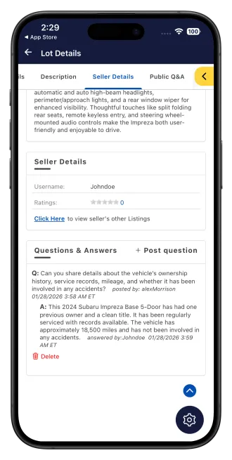 App Q&A and buyer inquiries screen