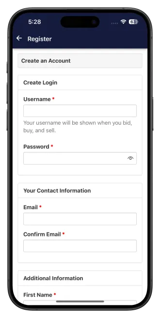 Account registration and setup screen in the AuctionWorx app